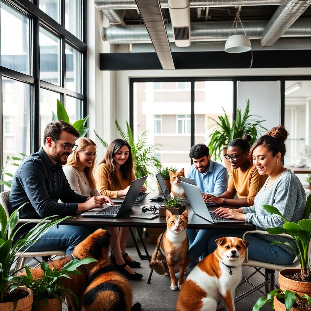 Pawa team collaborating with pets in a modern office
