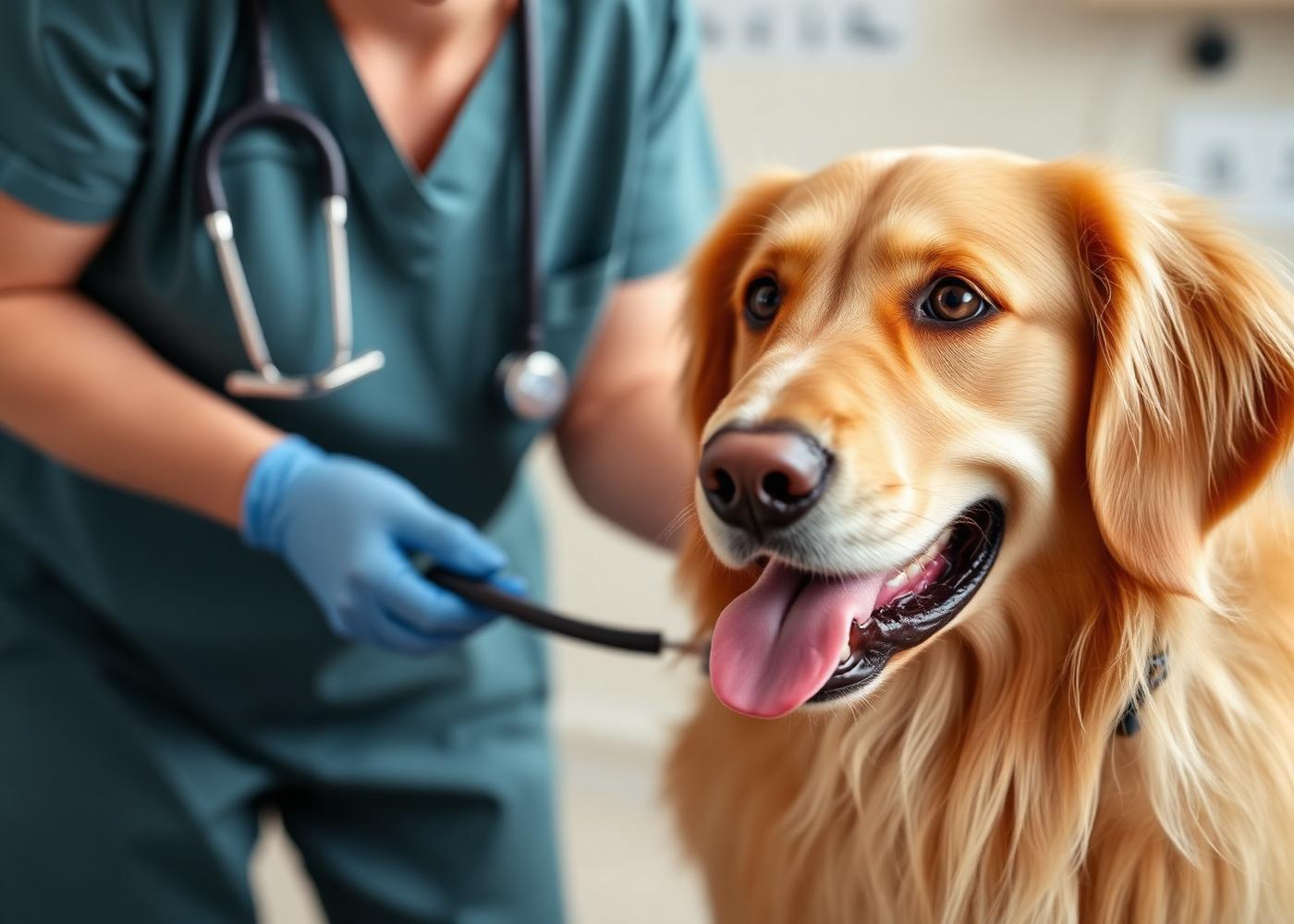 Vet examining a golden retriever