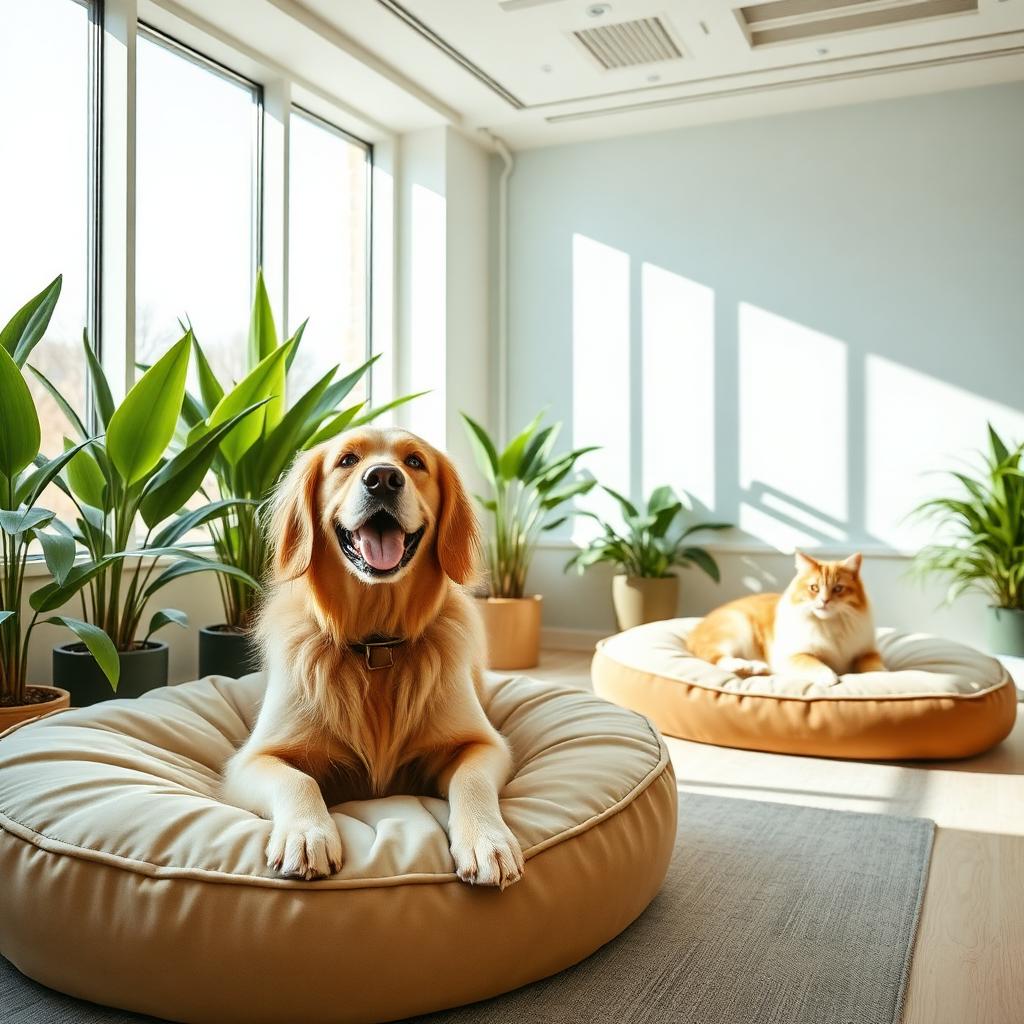 Luxury pet boarding suite with happy pets